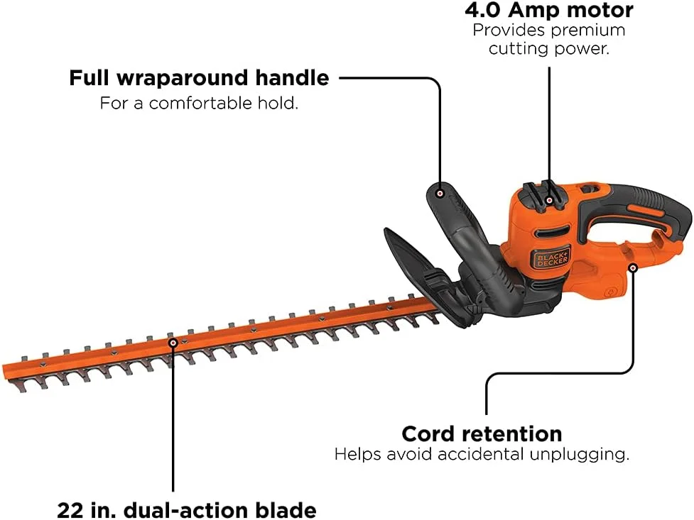 BLACK+DECKER 22 Electric Hedge Trimmer, Lightweight 4.0 Amp Corded Dual Action Shrub Trimmer, High Output Low Vibration - Image 2