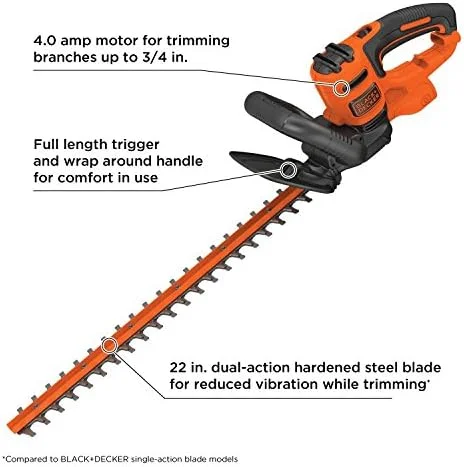 BLACK+DECKER 22 Electric Hedge Trimmer, Lightweight 4.0 Amp Corded Dual Action Shrub Trimmer, High Output Low Vibration - Image 8