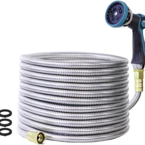100FT Garden Hose, Stainless Steel Water Hose, Flexible with a 10-Mode Nozzle Sprayer, 5/8'' Outside Diameter