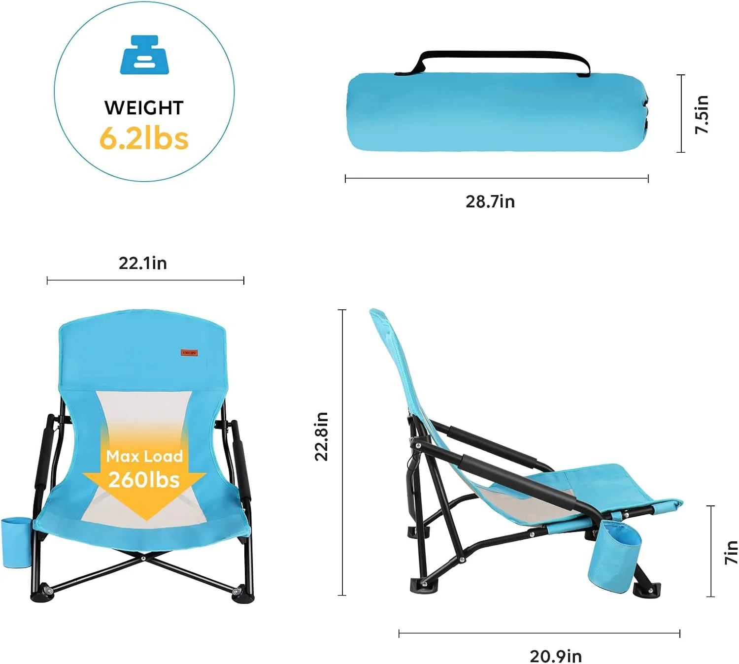 TOBTOS Low Beach Chair for Adults 2 Pack, Low Profile Folding with Cup Holder & Carry Bag, Heavy Duty Chair for Outdoor - Image 3