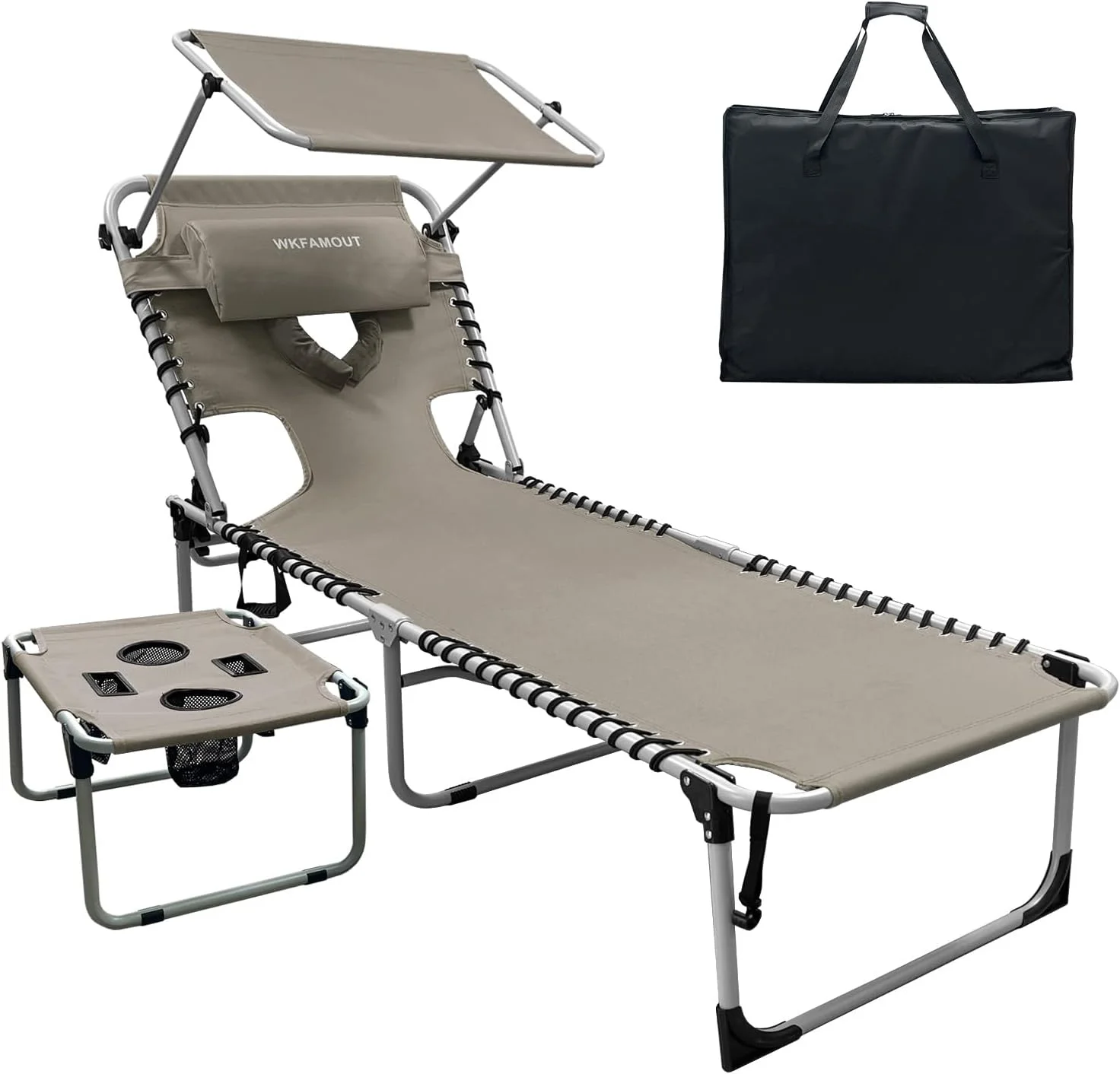 WKFAMOUT Outdoor Tanning Chair with Sun Canopy Shade & Face Hole, Folding Lounge Chair with Beach Table and Carry Bag - Image 8
