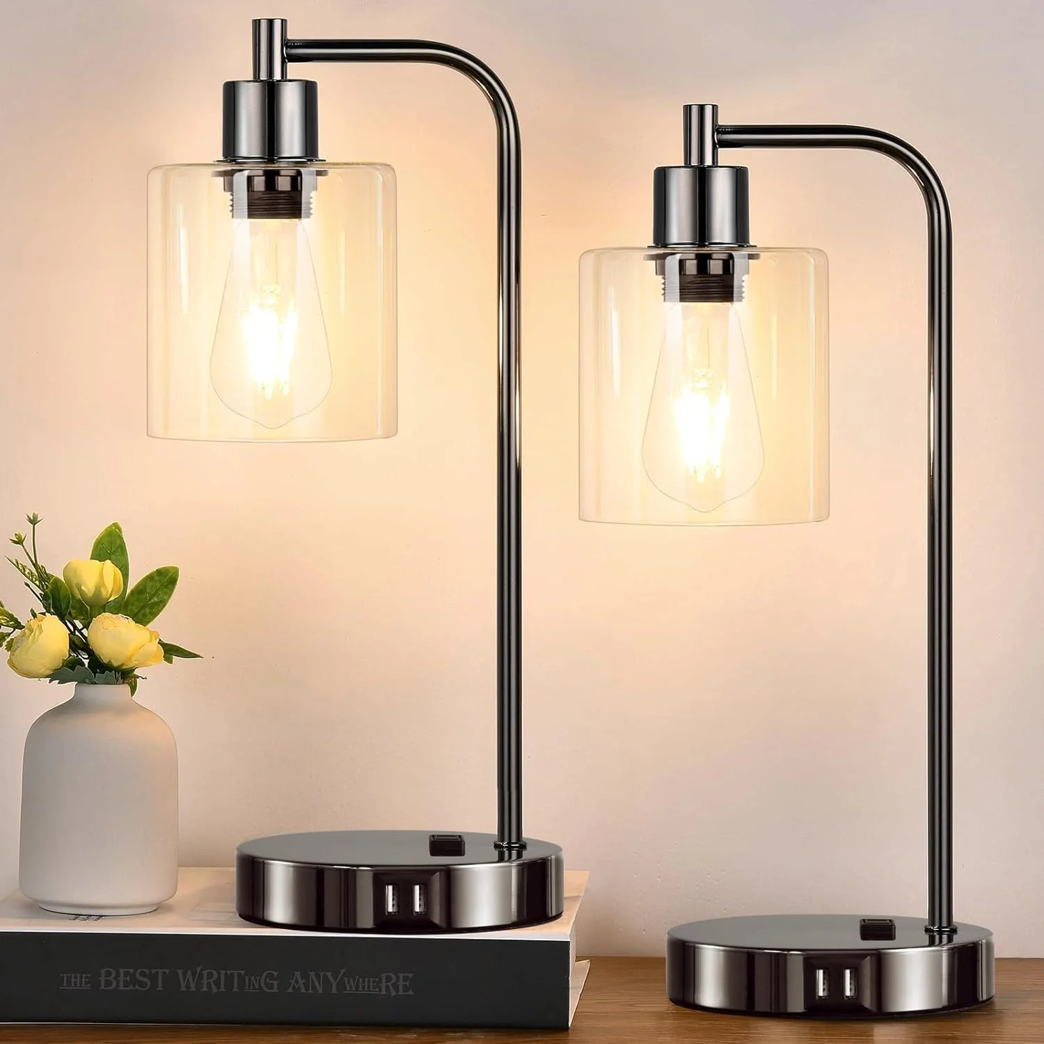 Set of 2 Industrial Touch Control Table Lamps with USB C+A Ports and AC Outlet, Dimmable, Bulb Included - Image 6