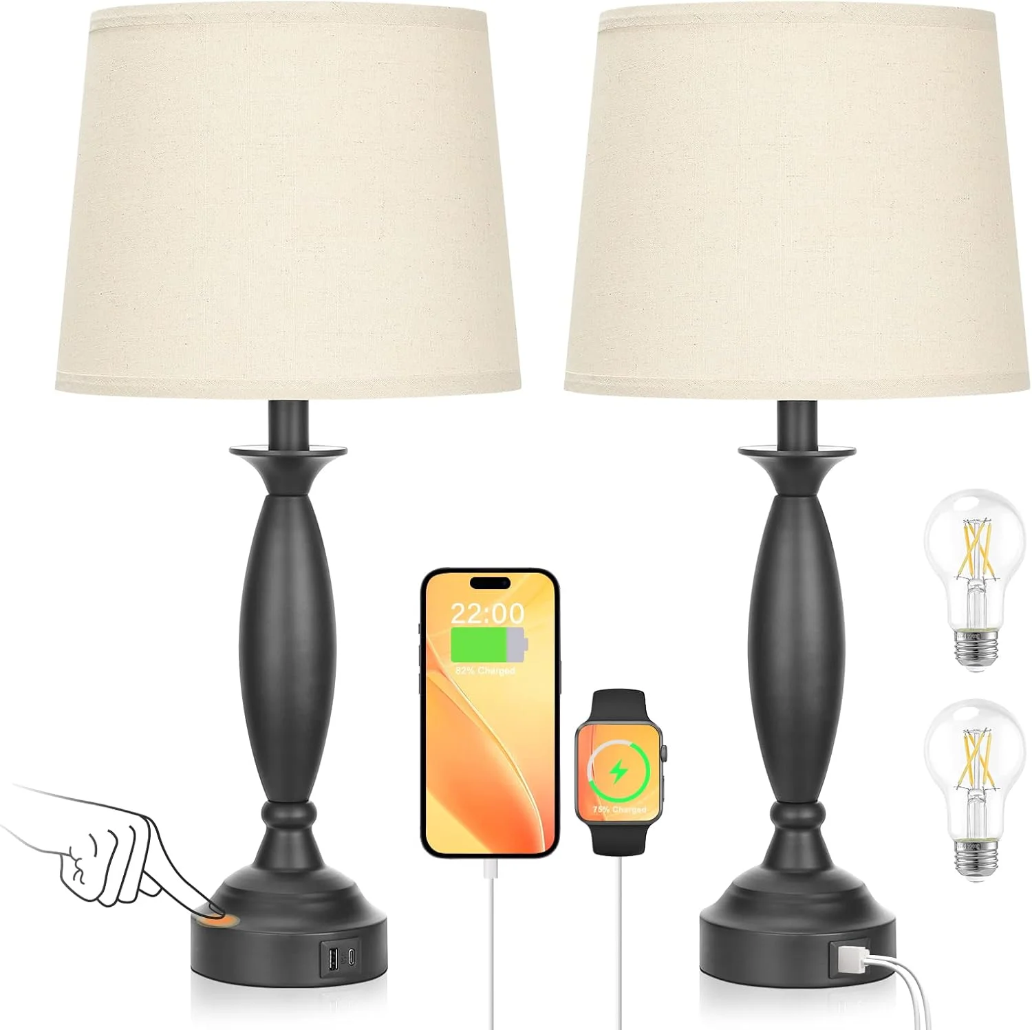 Seealle Touch Bedside Lamps for Nightstand Set of 2, Dimmable, Bulb Included