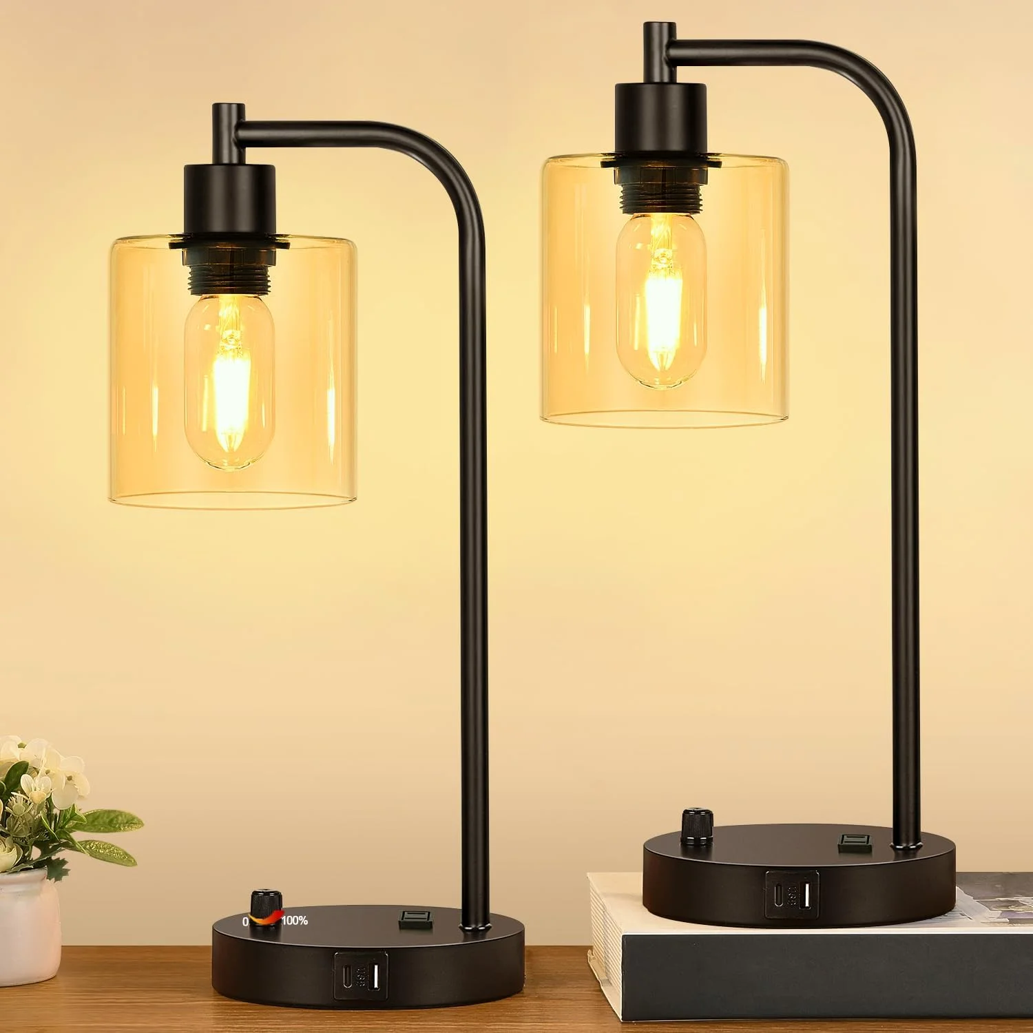 Lynnoland Set of 2 Industrial Table Lamps with 2 USB, Dimmable, Bulb Included - Image 2