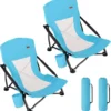 TOBTOS Low Beach Chair for Adults 2 Pack, Low Profile Folding with Cup Holder & Carry Bag, Heavy Duty Chair for Outdoor