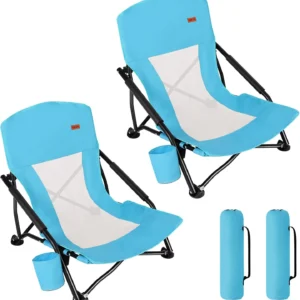 TOBTOS Low Beach Chair for Adults 2 Pack, Low Profile Folding with Cup Holder & Carry Bag, Heavy Duty Chair for Outdoor