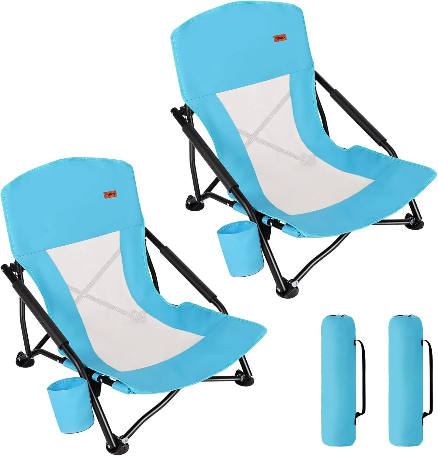 TOBTOS Low Beach Chair for Adults 2 Pack, Low Profile Folding with Cup Holder & Carry Bag, Heavy Duty Chair for Outdoor