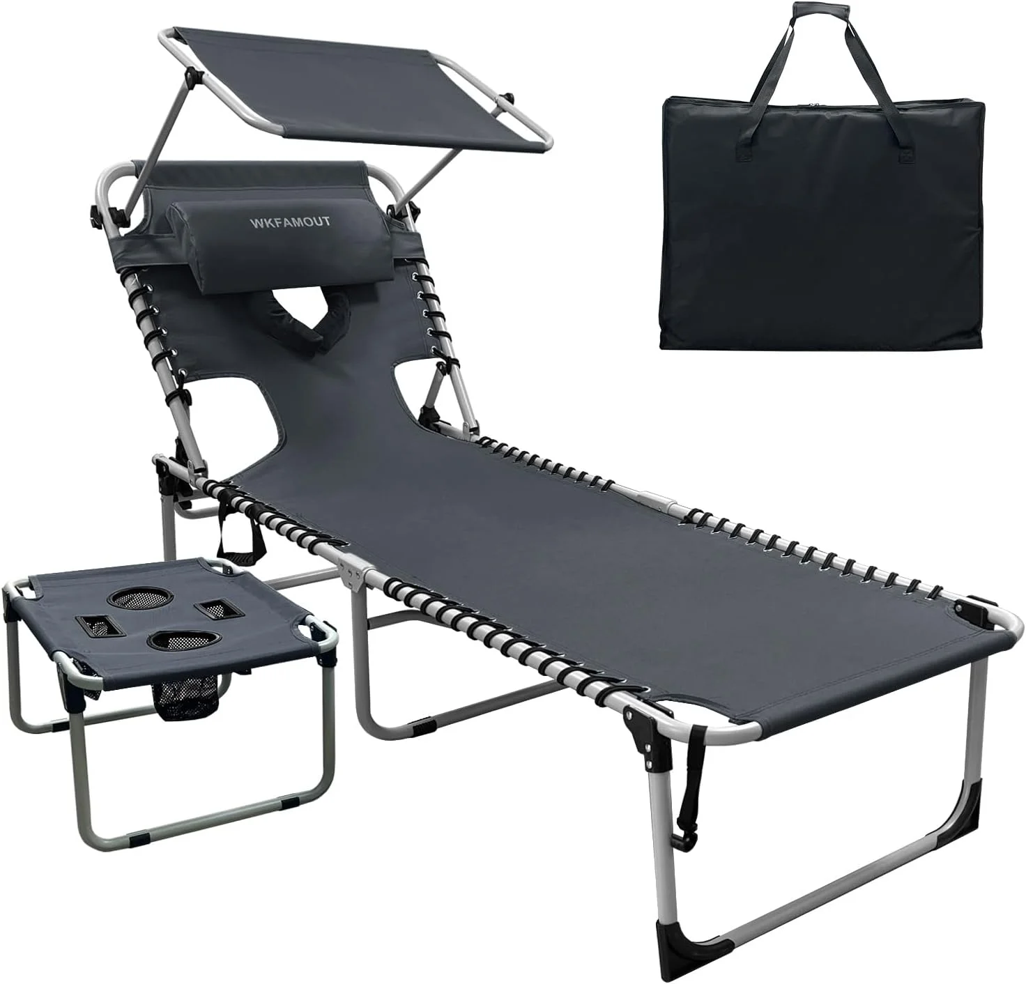 WKFAMOUT Outdoor Tanning Chair with Sun Canopy Shade & Face Hole, Folding Lounge Chair with Beach Table and Carry Bag - Image 3