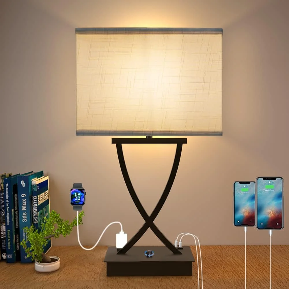 OYedis Fully Dimmable Medium Table Lamp for Bedroom with Type C/USB Charging Port and 1 AC Outlet White Shade 21.38 - Image 3