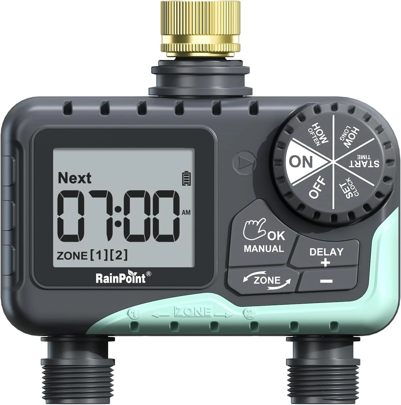 RAINPOINT 2 Zone Sprinkler Timer with Brass Inlet and Outlet, Water Timer for Garden Hose with Rain Delay/Manual - Image 2
