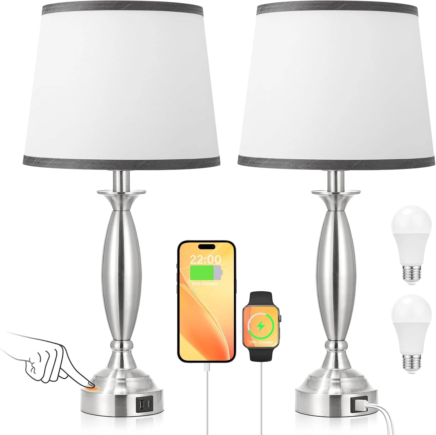 Seealle Touch Bedside Lamps for Nightstand Set of 2, Dimmable, Bulb Included - Image 7