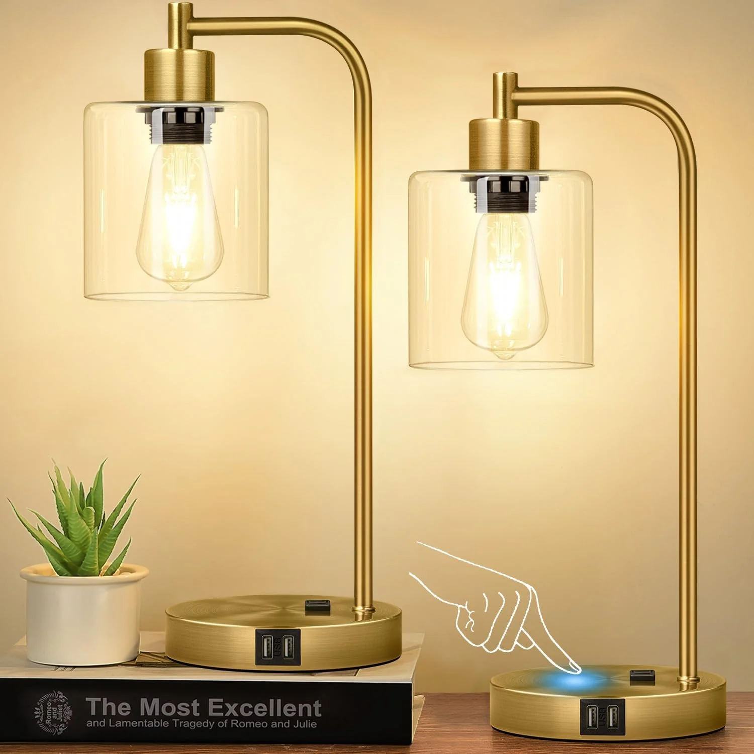 Set of 2 Industrial Touch Control Table Lamps with USB C+A Ports and AC Outlet, Dimmable, Bulb Included - Image 7