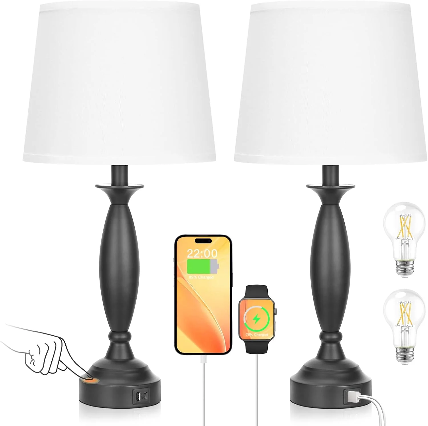 Seealle Touch Bedside Lamps for Nightstand Set of 2, Dimmable, Bulb Included - Image 9