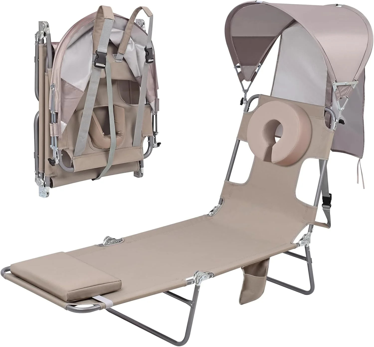 Backpack Beach Tanning Lounge Chair with Canopy Shade Face Hole Padded Adjustable Washable, 6 Position Layout Chair for - Image 9