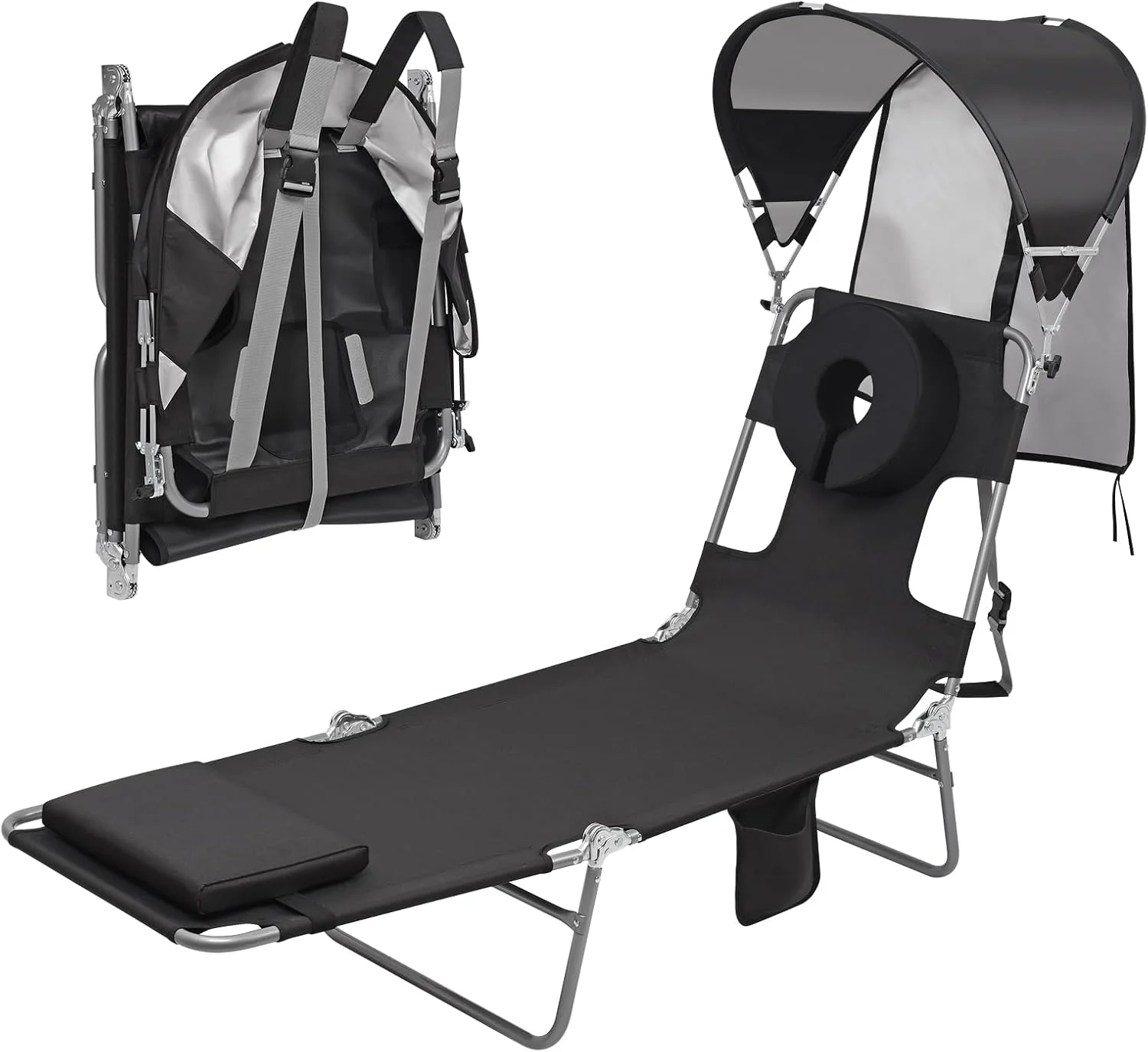Backpack Beach Tanning Lounge Chair with Canopy Shade Face Hole Padded Adjustable Washable, 6 Position Layout Chair for