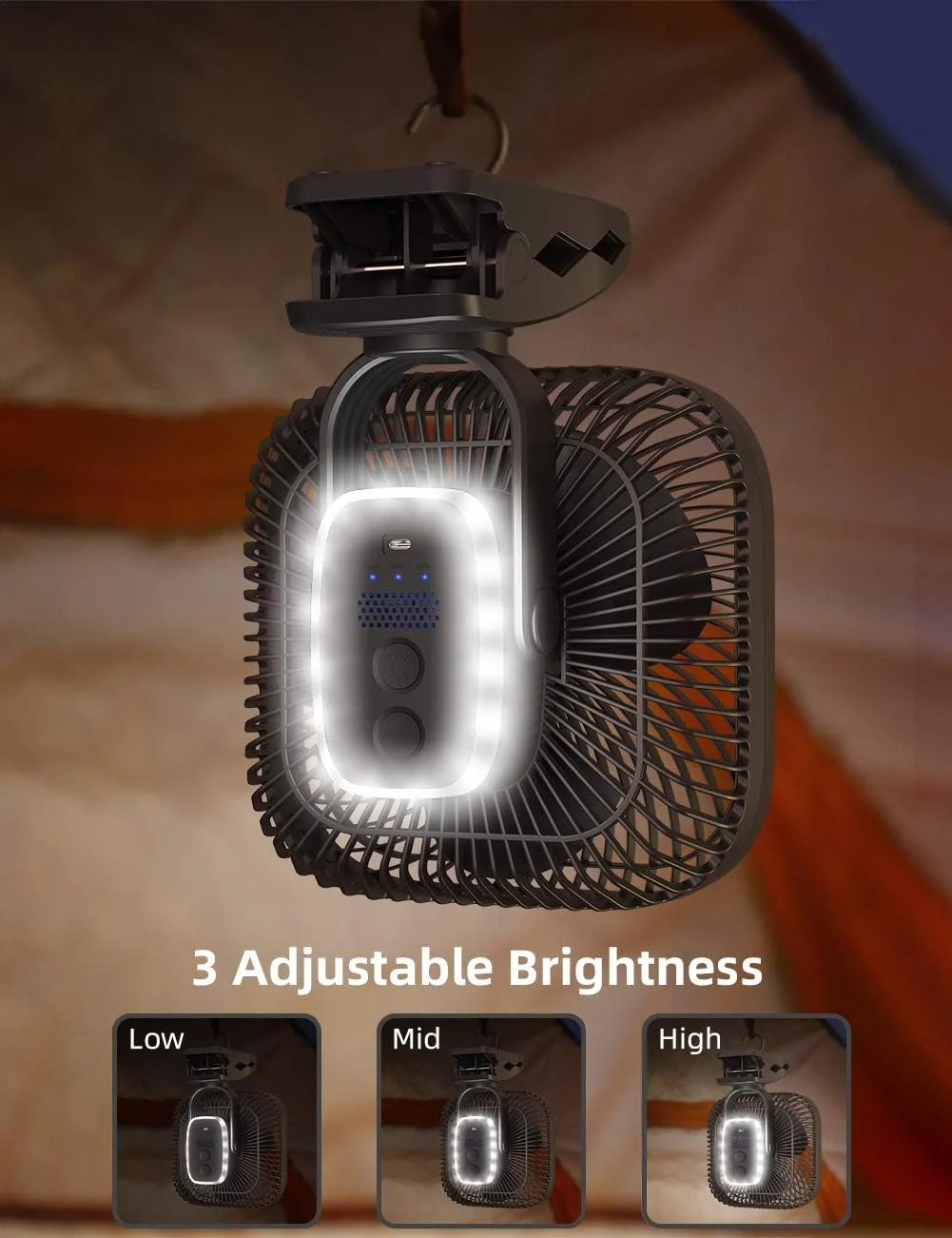 SLENPET 20000mAh Rechargeable Portable Clip-on Fan, Battery Operated, Last 78 Hrs, 4 Speeds with Light & Hook - Image 4