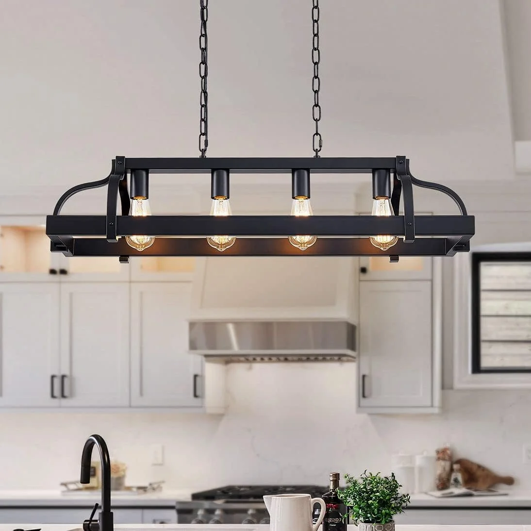 WUZUPS 5-Light Metal Chandelier Imitation Wood Grain Linear Pendant Ceiling Lighting Rustic Farmhouse Fixture Kitchen - Image 7