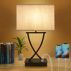 OYedis Fully Dimmable Medium Table Lamp for Bedroom with Type C/USB Charging Port and 1 AC Outlet White Shade 21.38