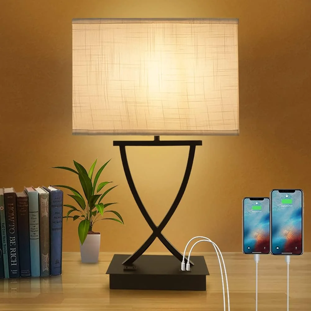 OYedis Fully Dimmable Medium Table Lamp for Bedroom with Type C/USB Charging Port and 1 AC Outlet White Shade 21.38