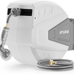 Ayleid Retractable Rubber Hybrid Garden Hose Reel, 5/8x100ft Wall Mount, 24-month warranty, 9-pattern sprayer