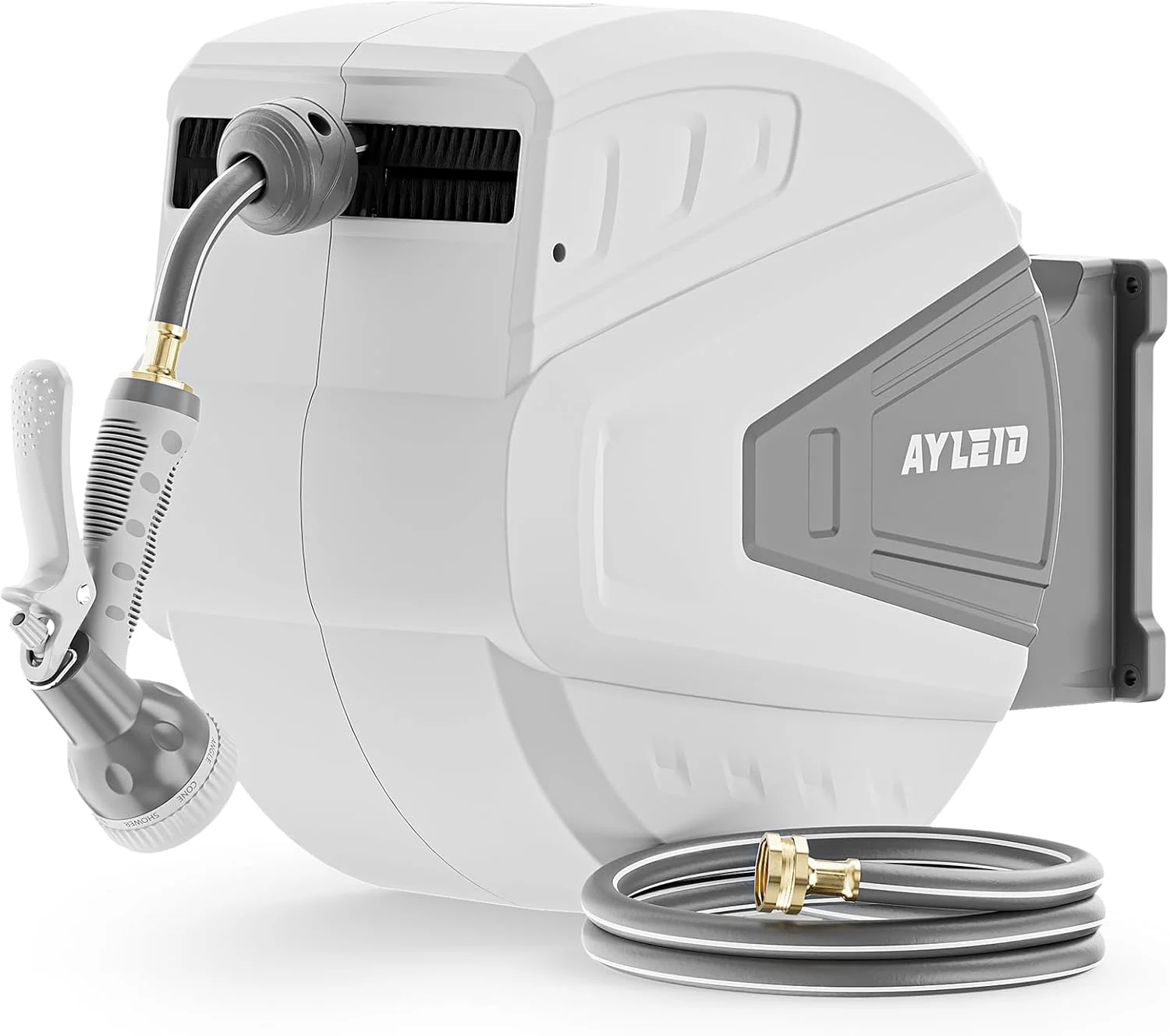 Ayleid Retractable Rubber Hybrid Garden Hose Reel, 5/8x100ft Wall Mount, 24-month warranty, 9-pattern sprayer