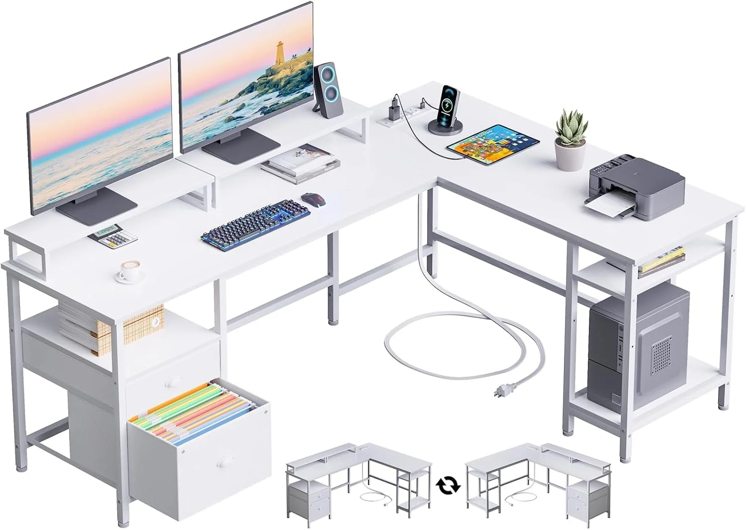 Furologee 66” L Shaped Desk with Power Outlet, Reversible Home Office Desk with File Drawer, 2 Monitor Stands - Image 4