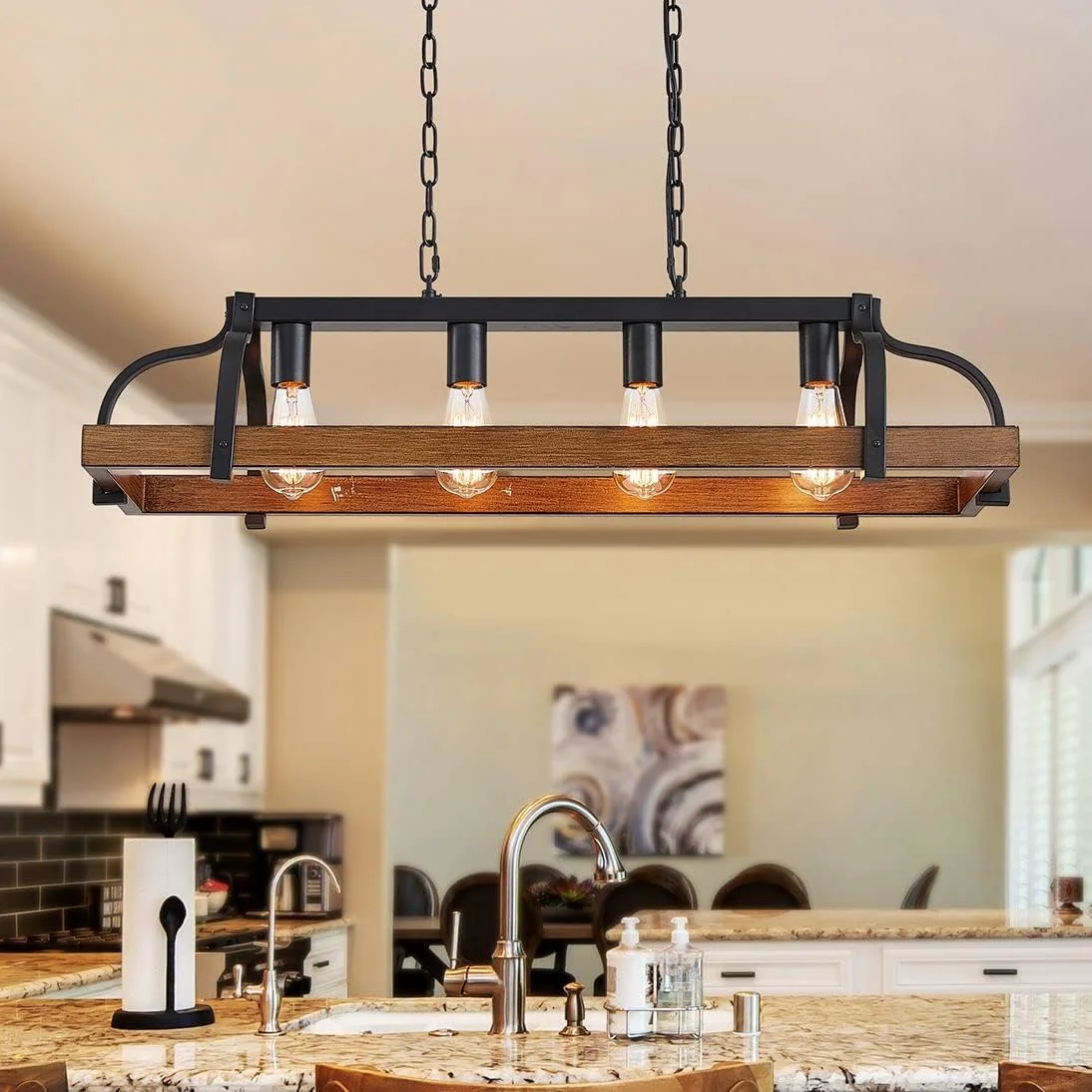 WUZUPS 5-Light Metal Chandelier Imitation Wood Grain Linear Pendant Ceiling Lighting Rustic Farmhouse Fixture Kitchen - Image 11