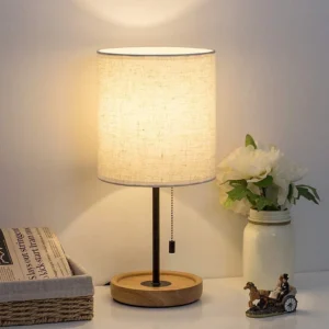 HAITRAL Bedside Table Lamp, Modern Nightstand Lamp with Linen Fabric Shade Wooden Desk Lamps for Bedrooms