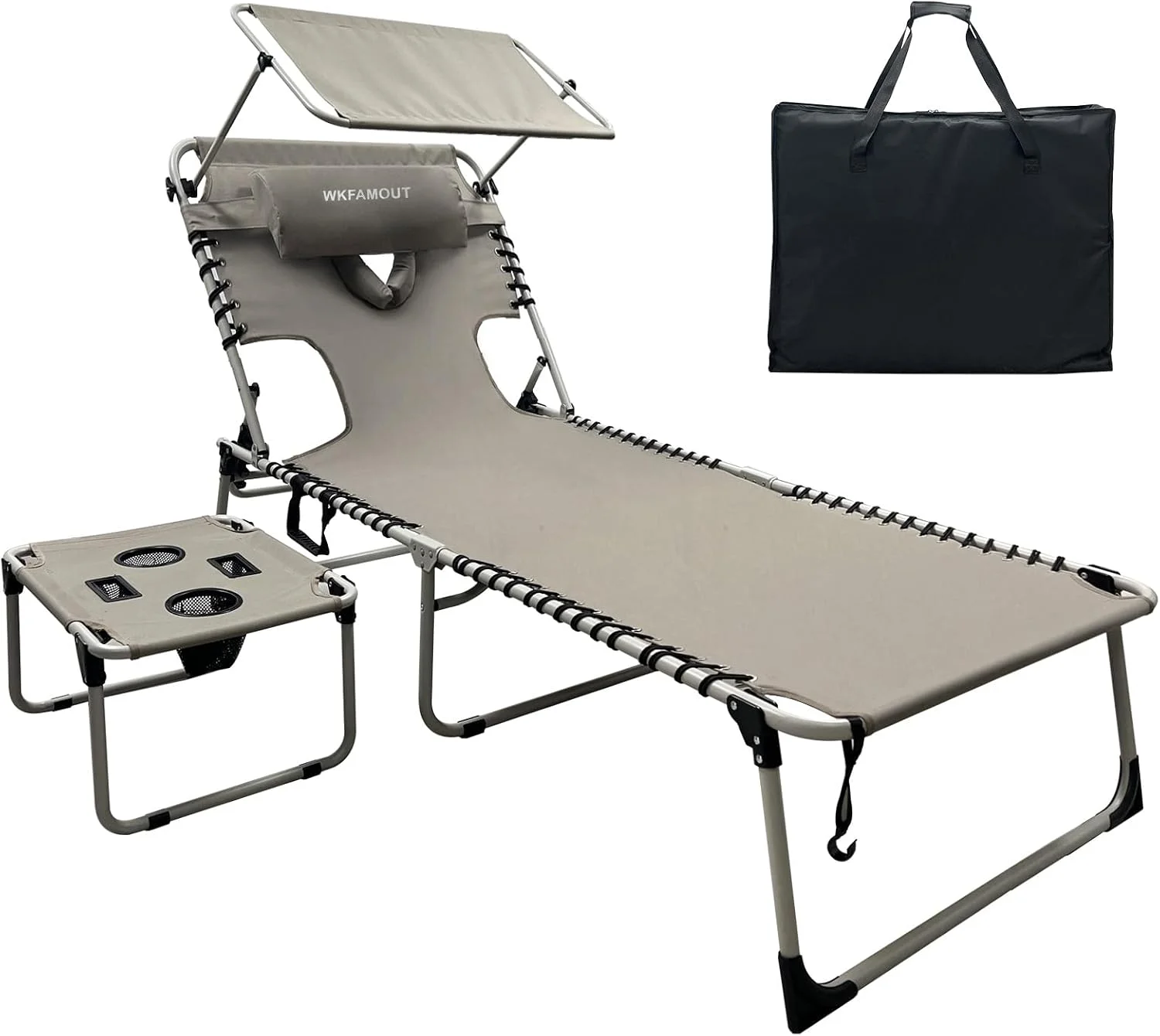 WKFAMOUT Outdoor Tanning Chair with Sun Canopy Shade & Face Hole, Folding Lounge Chair with Beach Table and Carry Bag - Image 4