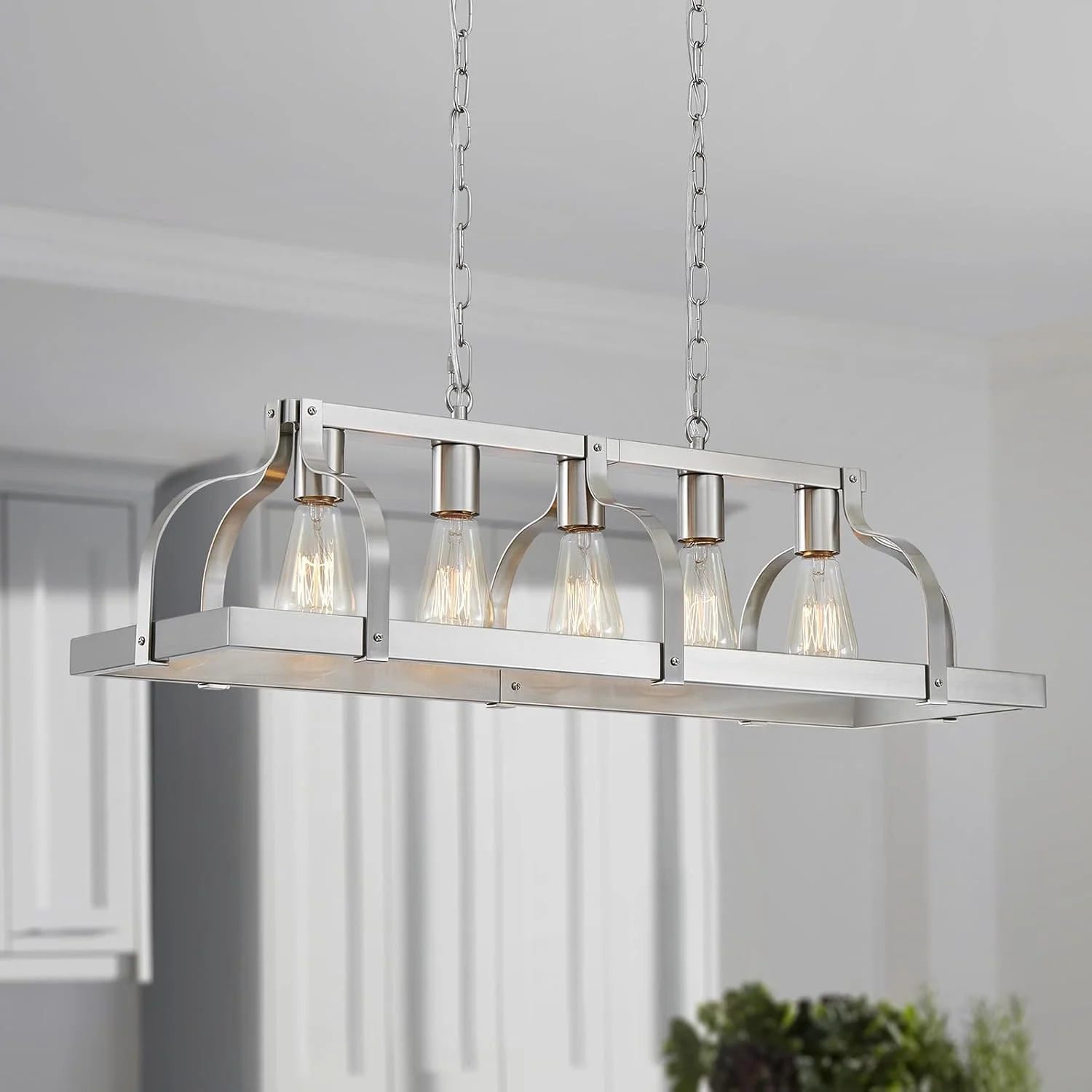 WUZUPS 5-Light Metal Chandelier Imitation Wood Grain Linear Pendant Ceiling Lighting Rustic Farmhouse Fixture Kitchen - Image 3