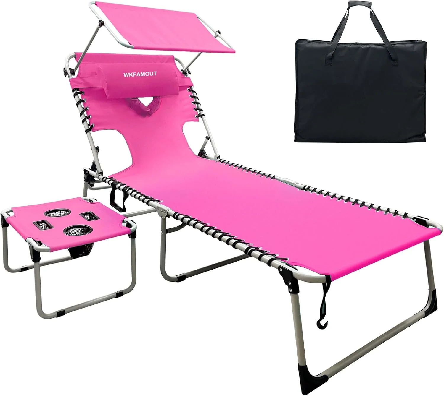 WKFAMOUT Outdoor Tanning Chair with Sun Canopy Shade & Face Hole, Folding Lounge Chair with Beach Table and Carry Bag