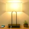 3-Way Dimmable Touch Control Table Lamp with 2 USB Ports and AC Power Outlet Modern Bedside Nightstand Lamp Fabric