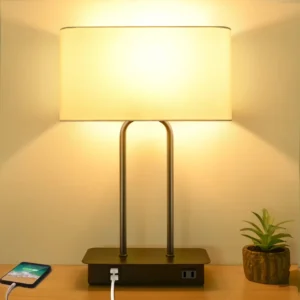 3-Way Dimmable Touch Control Table Lamp with 2 USB Ports and AC Power Outlet Modern Bedside Nightstand Lamp Fabric