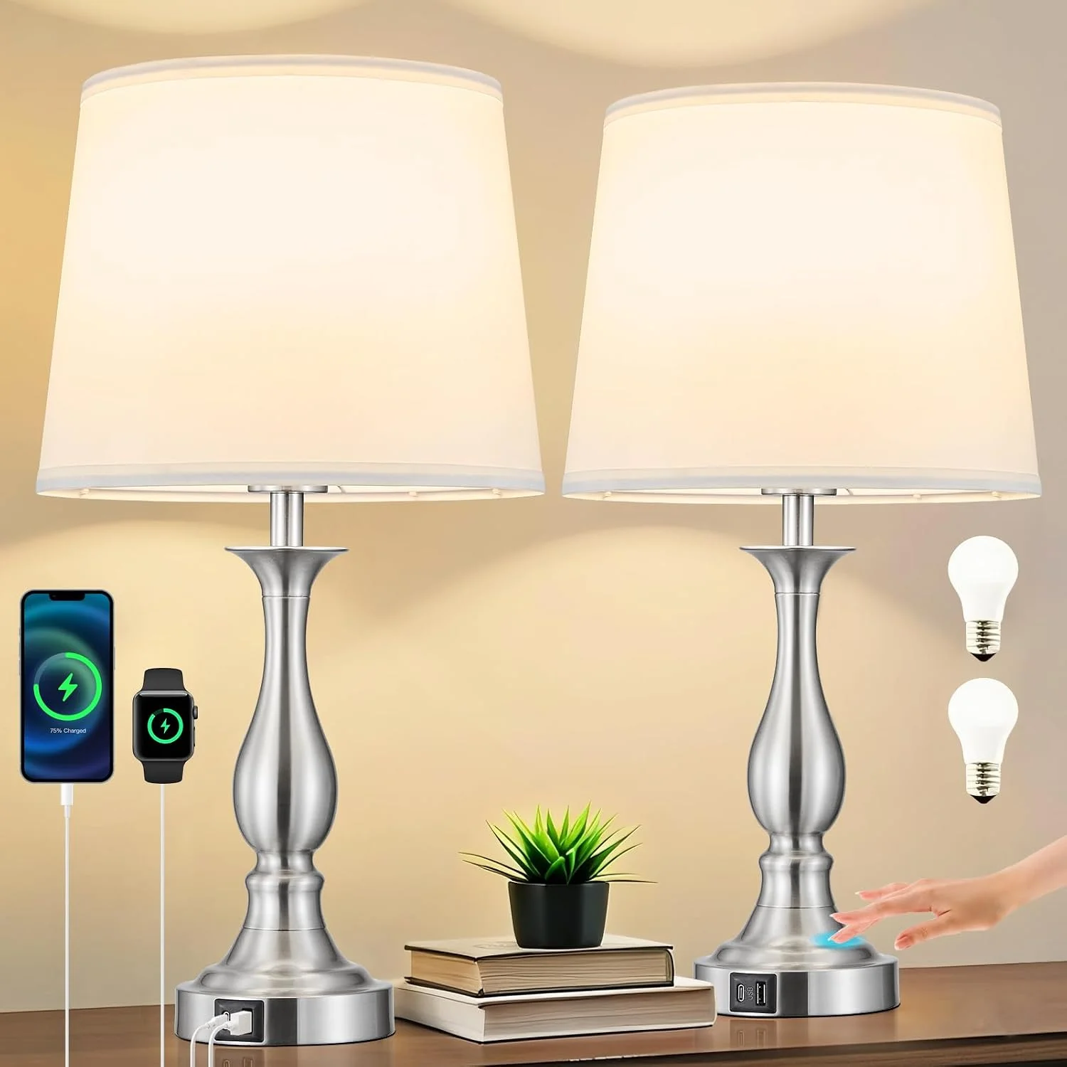 Bedside Table Lamp Touch Control Bedroom Lamps with USB A and C Charging Port 3 Way Dimmable Touch Lamps for Nightstand - Image 3