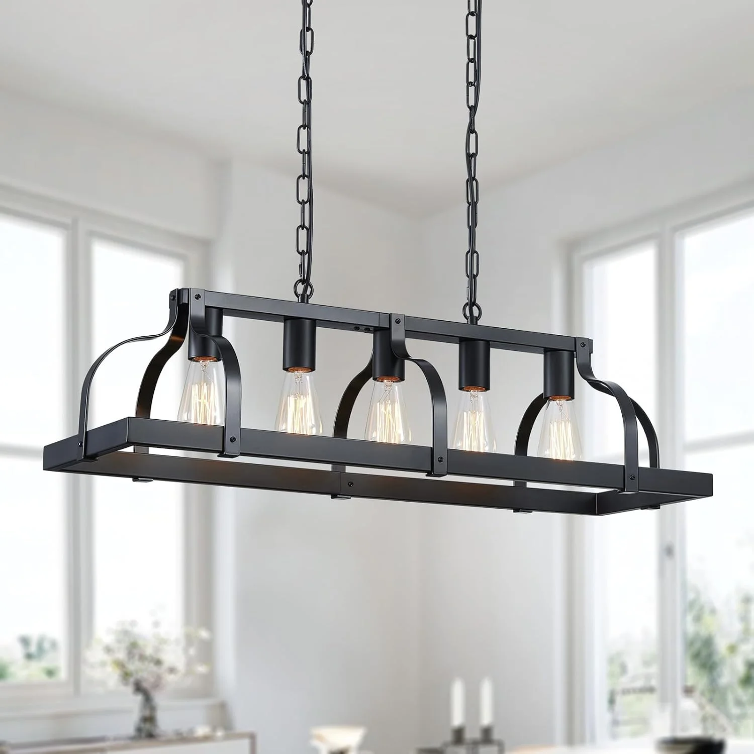 WUZUPS 5-Light Metal Chandelier Imitation Wood Grain Linear Pendant Ceiling Lighting Rustic Farmhouse Fixture Kitchen - Image 8