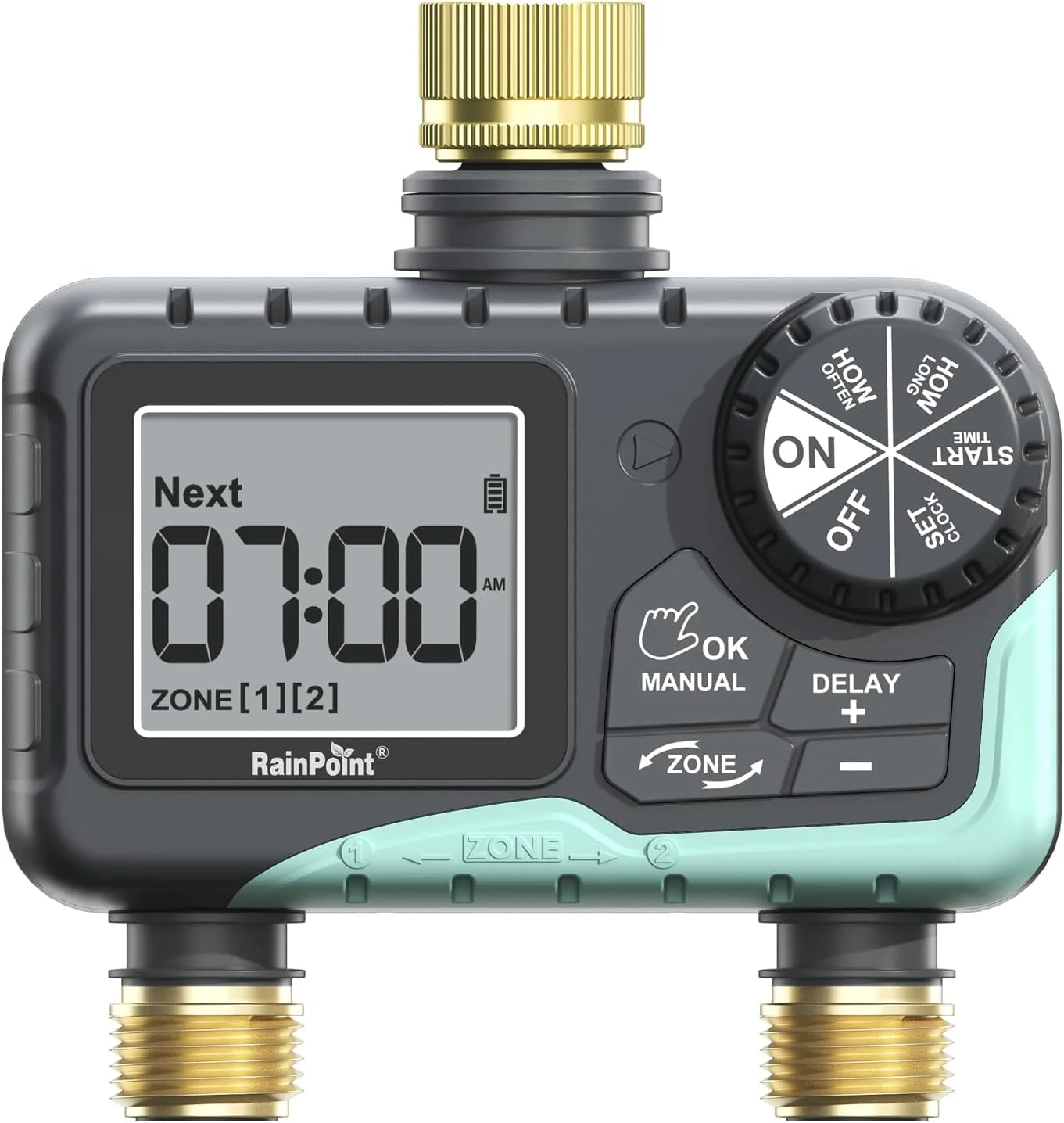 RAINPOINT 2 Zone Sprinkler Timer with Brass Inlet and Outlet, Water Timer for Garden Hose with Rain Delay/Manual