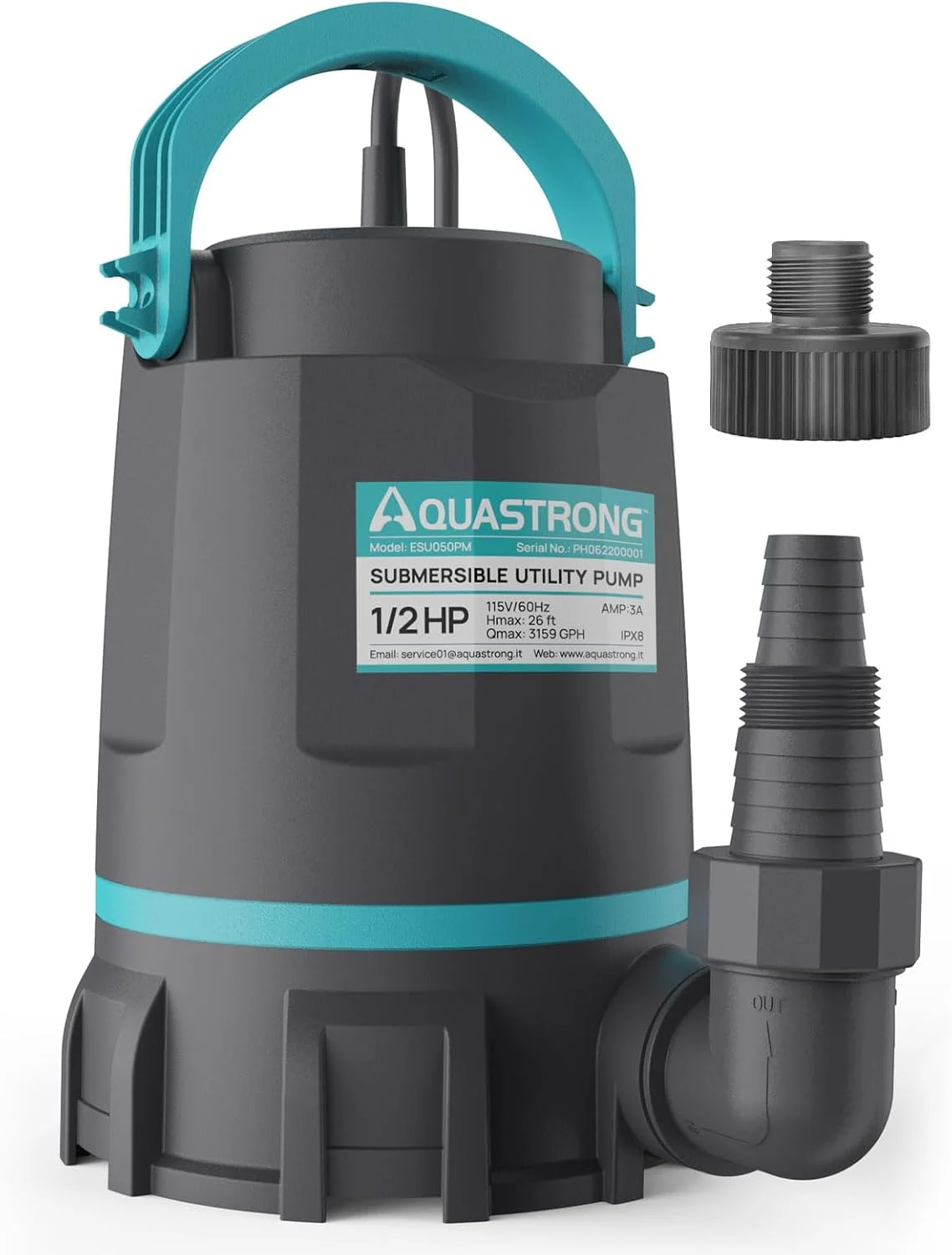 Aquastrong Sump Pump 1 HP 4500 GPH Submersible Water Pump Thermoplastic Portable Utility Pump High Flow Water Removal