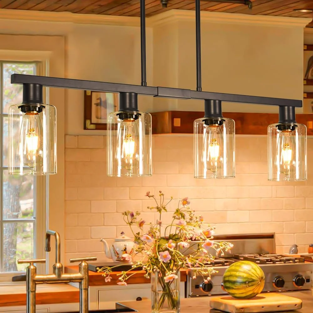 4-Light Kitchen Island Lighting, Farmhouse Chandelier with Adjustable Height & Clear Glass Shades - Image 6