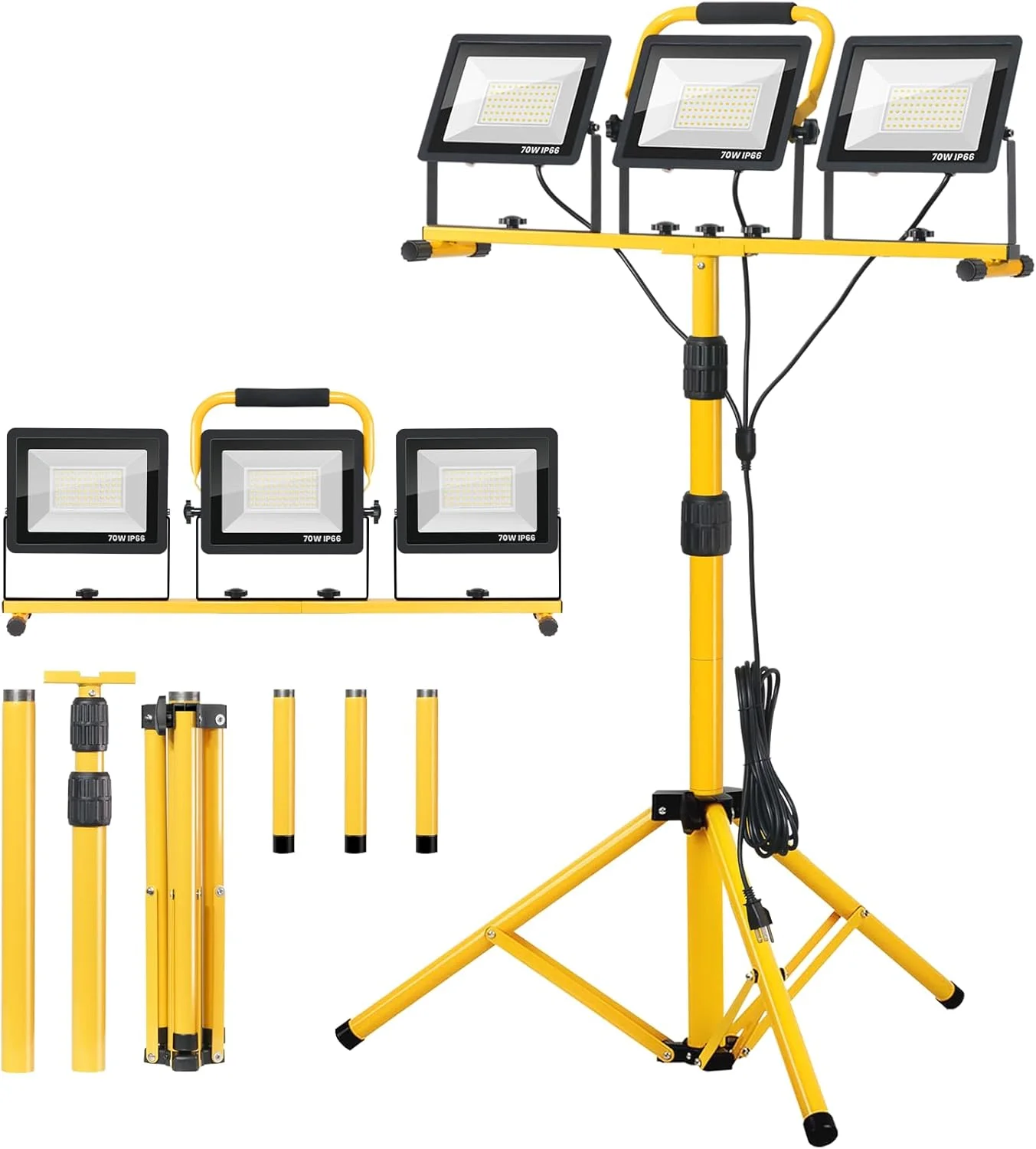 Zetunlo 21000Lumen LED Work Lights with Stand, 3 Head Portable Work Light with 16FT Cord, IP66 Waterproof Tripod