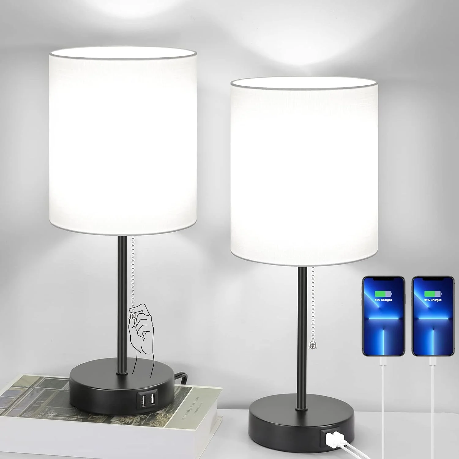 17.3¡¯¡¯ Table Lamps Set of 2 with 2 USB & AC Outlet, Pull Chain - Image 5