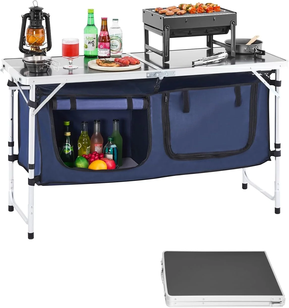 VEVOR Camping Kitchen Station, 3 Adjustable Height Folding Outdoor Camp Cooking Table with Storage Organizer
