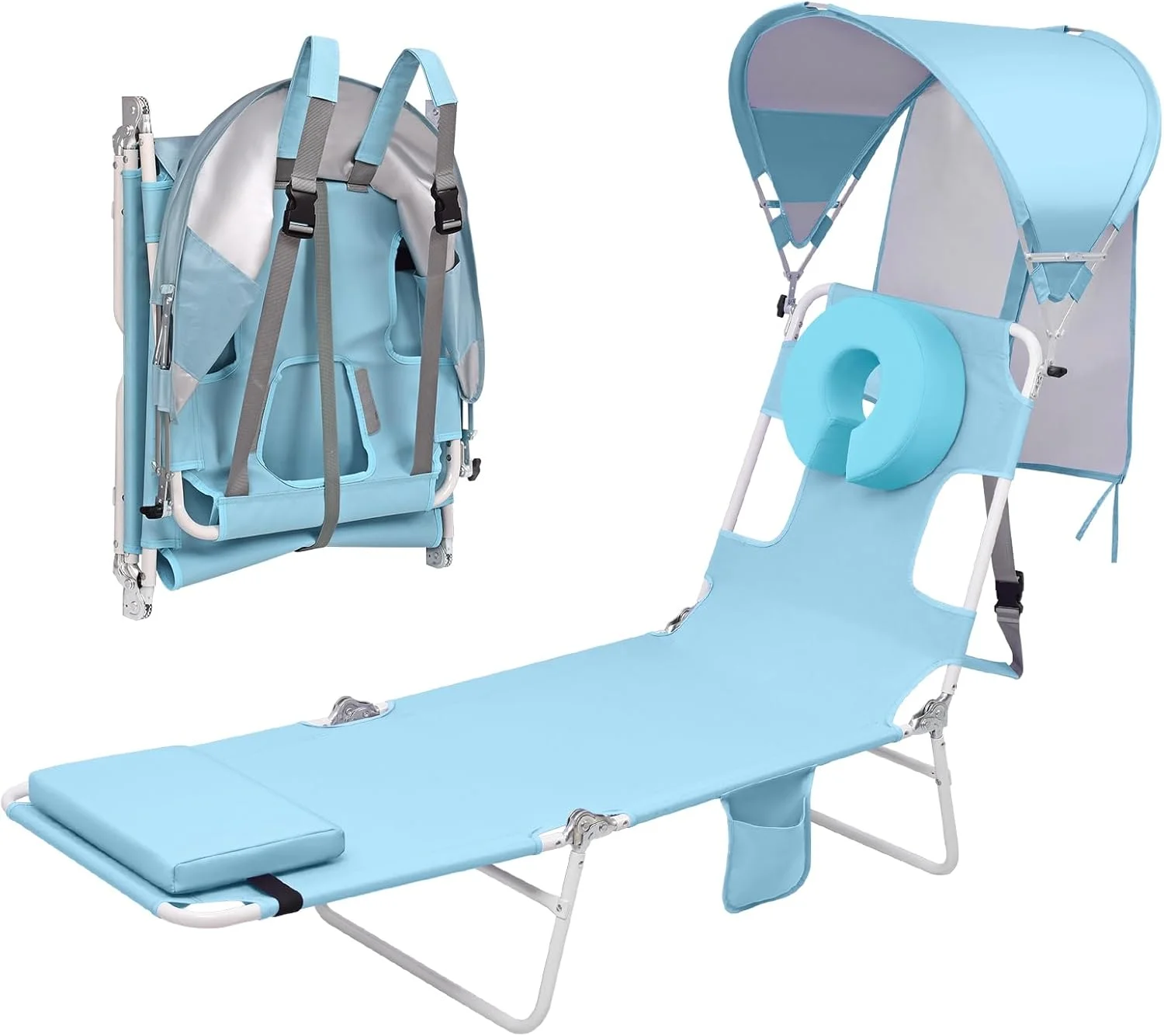Backpack Beach Tanning Lounge Chair with Canopy Shade Face Hole Padded Adjustable Washable, 6 Position Layout Chair for - Image 11