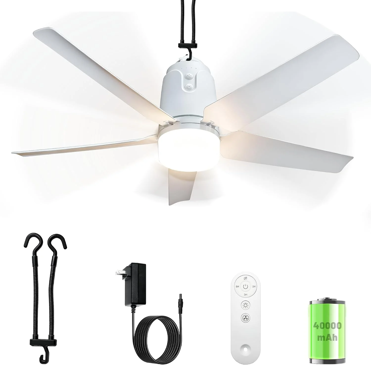 Gazebo Outdoor Ceiling Fan Light 31.5'', 40000mAh Large Portable Ceiling Fan With Remote and Hanging Hook, 4 Wind Speeds