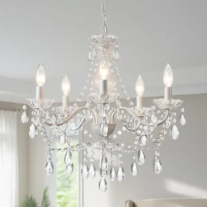 AMZASA Crystal Gold Chandelier, 5 Light, Glass Crystal Hanging Pendant Lighting