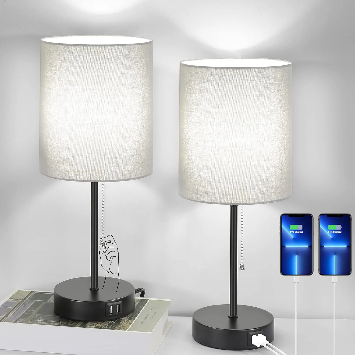 17.3¡¯¡¯ Table Lamps Set of 2 with 2 USB & AC Outlet, Pull Chain - Image 3