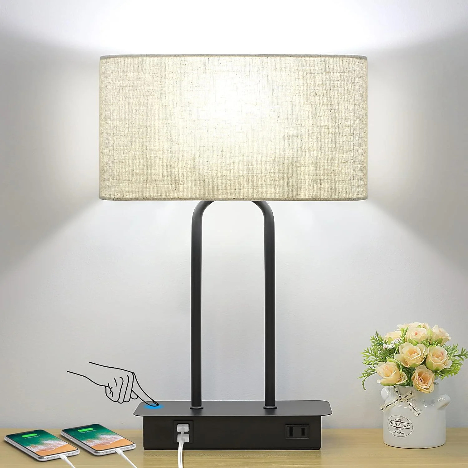 Lakumu Bedside Touch Control Table Lamps with Dual USB Charging Ports 1 AC Outlet, Dimmable - Image 3