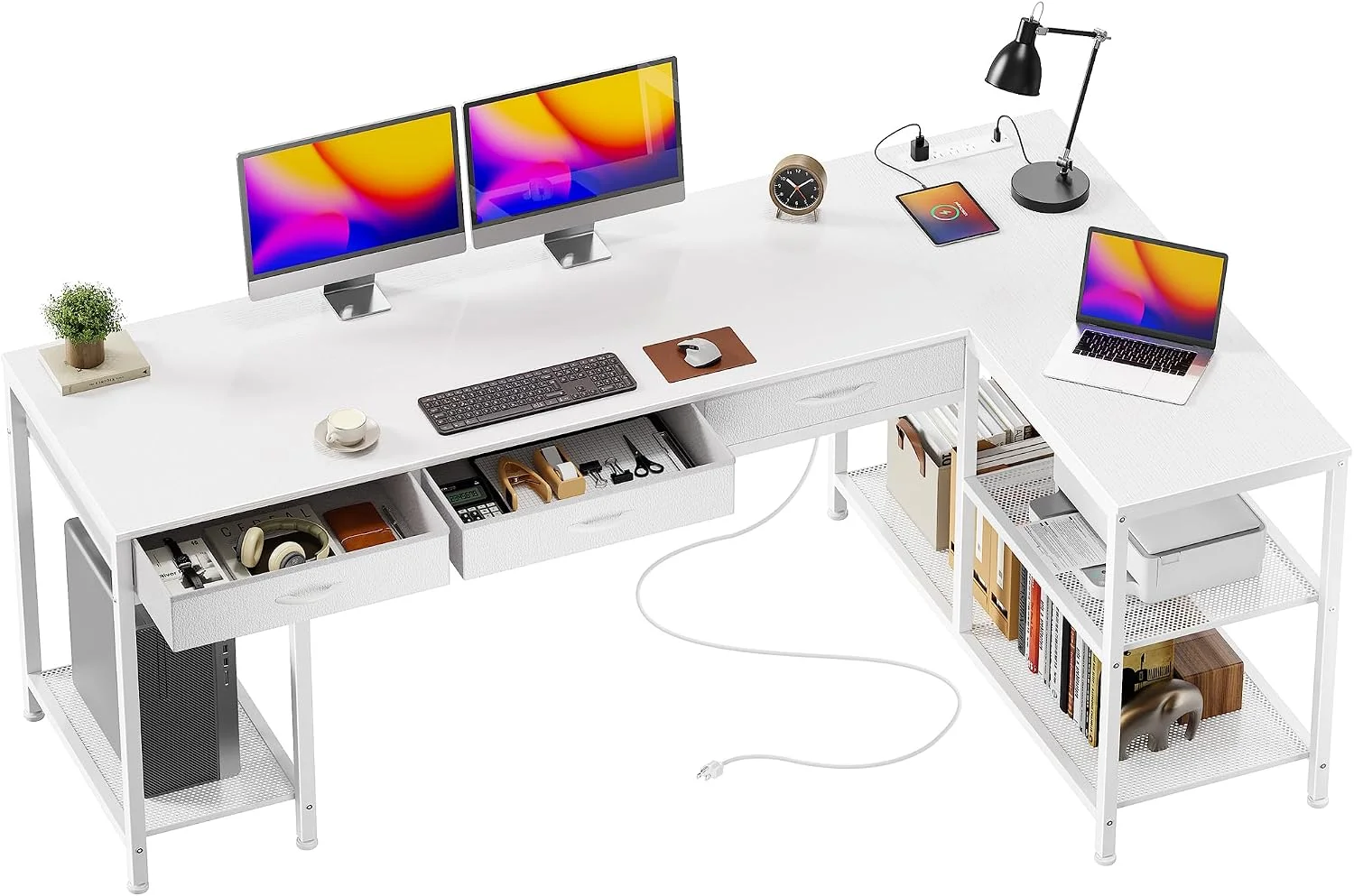 PRAISUN 55 Inch L Shaped Office Desk with Power Outlets and Type-C Port, Large Computer Gaming Desk with 3 Fabric - Image 2