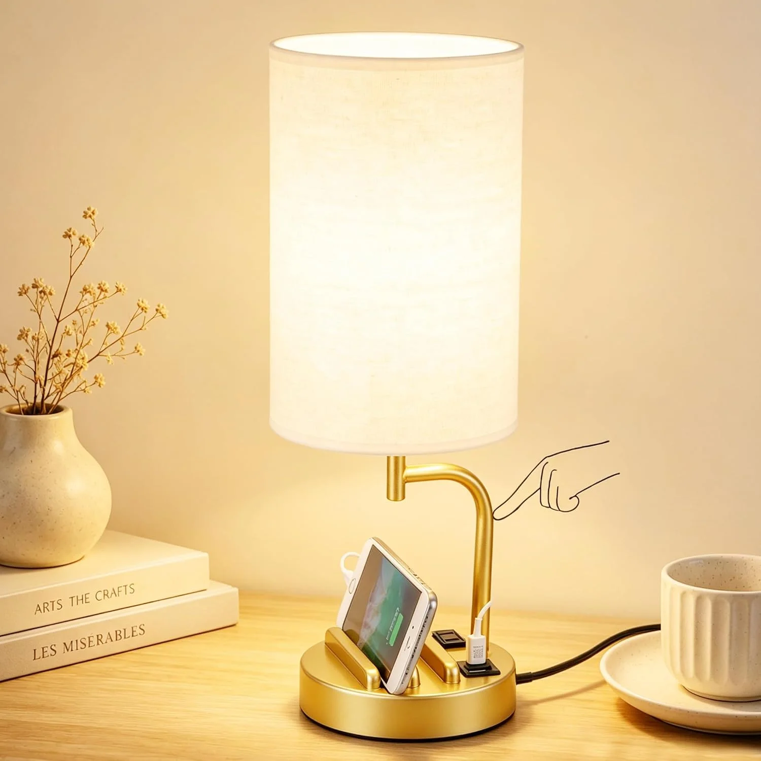 Dreamholder Touch Control USB Table Lamp with USB C/A & AC Outlet, Dimmable, Bulb Included - Image 2