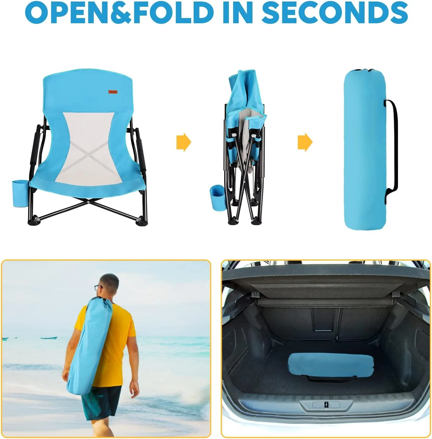 TOBTOS Low Beach Chair for Adults 2 Pack, Low Profile Folding with Cup Holder & Carry Bag, Heavy Duty Chair for Outdoor - Image 6