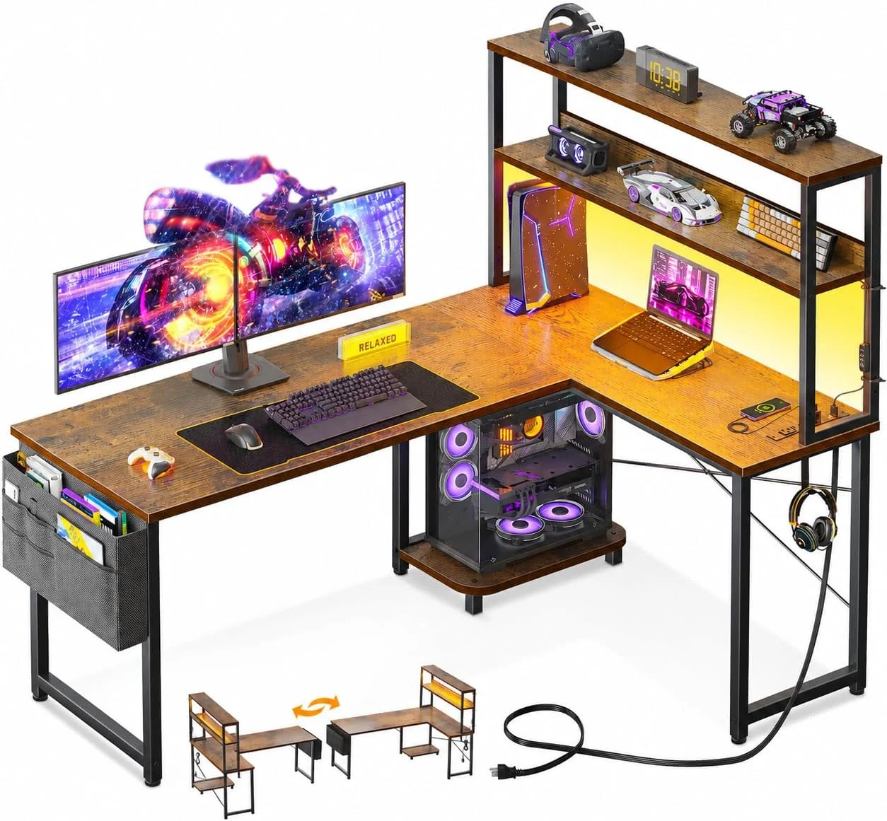 ODK 53 L Shaped Gaming Desk with Shelves, LED & Outlets - Image 5